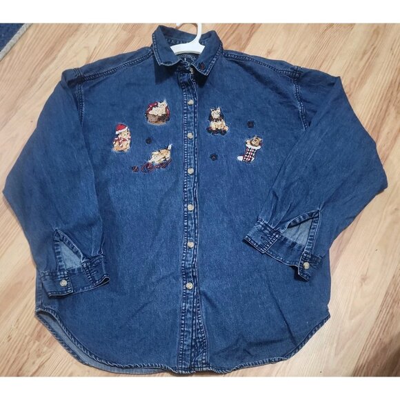 Tops - Vintage 90’s Solution Christmas Cat Embroidered Denim Shirt Womens med festive